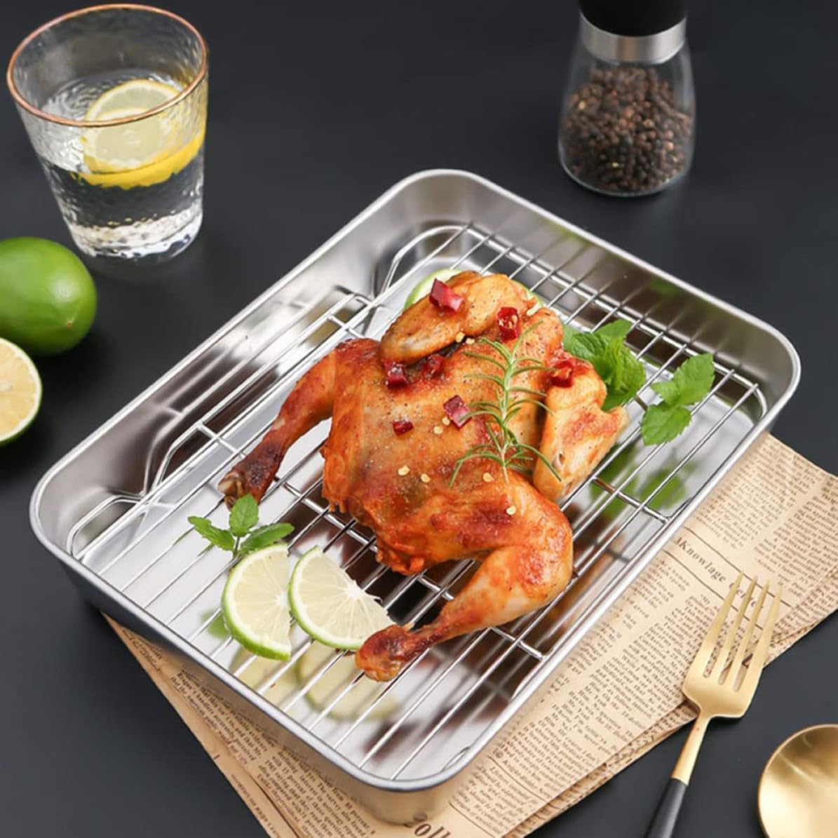 Edelstahl Backblech Satz mit Kühlgitter Multifunktionales Backzubehör für Backofen und Camping Praktisches 1 Satz zum Backen und Kühlen von Gebäck Zufälliger Stil