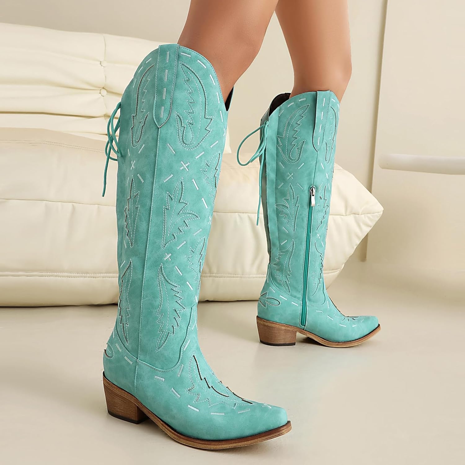 Cowboy Boots Women Knee High Embroidered Western Cowgirl Boot Back Lace Up Chunky Heels Pointed Toe Side Zipper