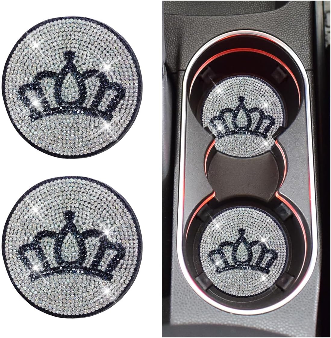 2PCS Bling Crown Car Cup Holder Coasters, 2.79 Inch Silicone Non-Slip Insert Coaster, Crystal Rhinestone Car Coasters, Shockproof Drink Mat Auto Interior Accessories for Vehicles, Trucks, RVs (Red)