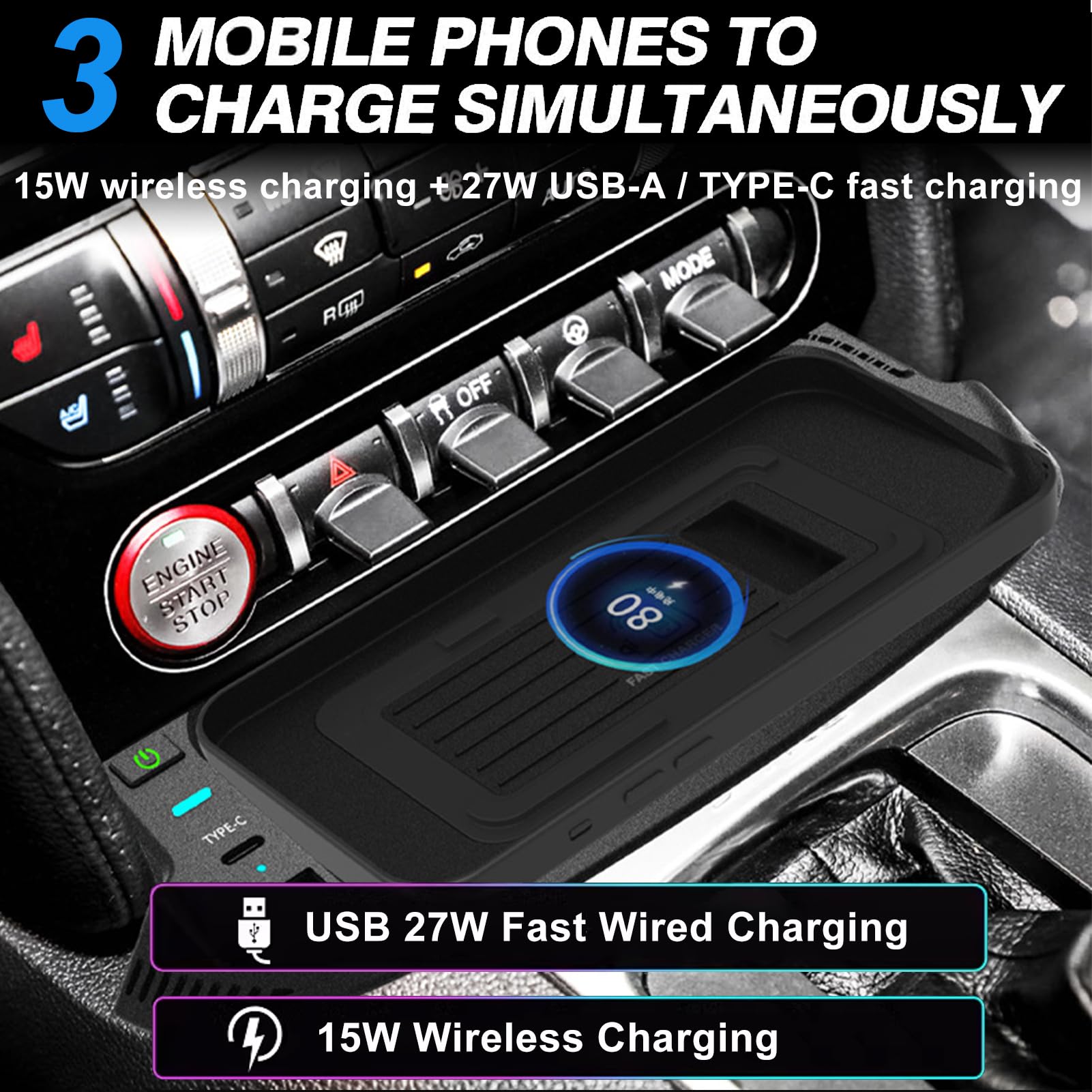 2024 Kngiybo Nuova Caricatore Wireless Auto per Ford Mustang (2015-2023),Caricabatterie Wireless Veloce per Telefoni Con QI,Regali Di Festa per La Famiglia, Ricarica Wireless da 15 W + Ricarica Rapida