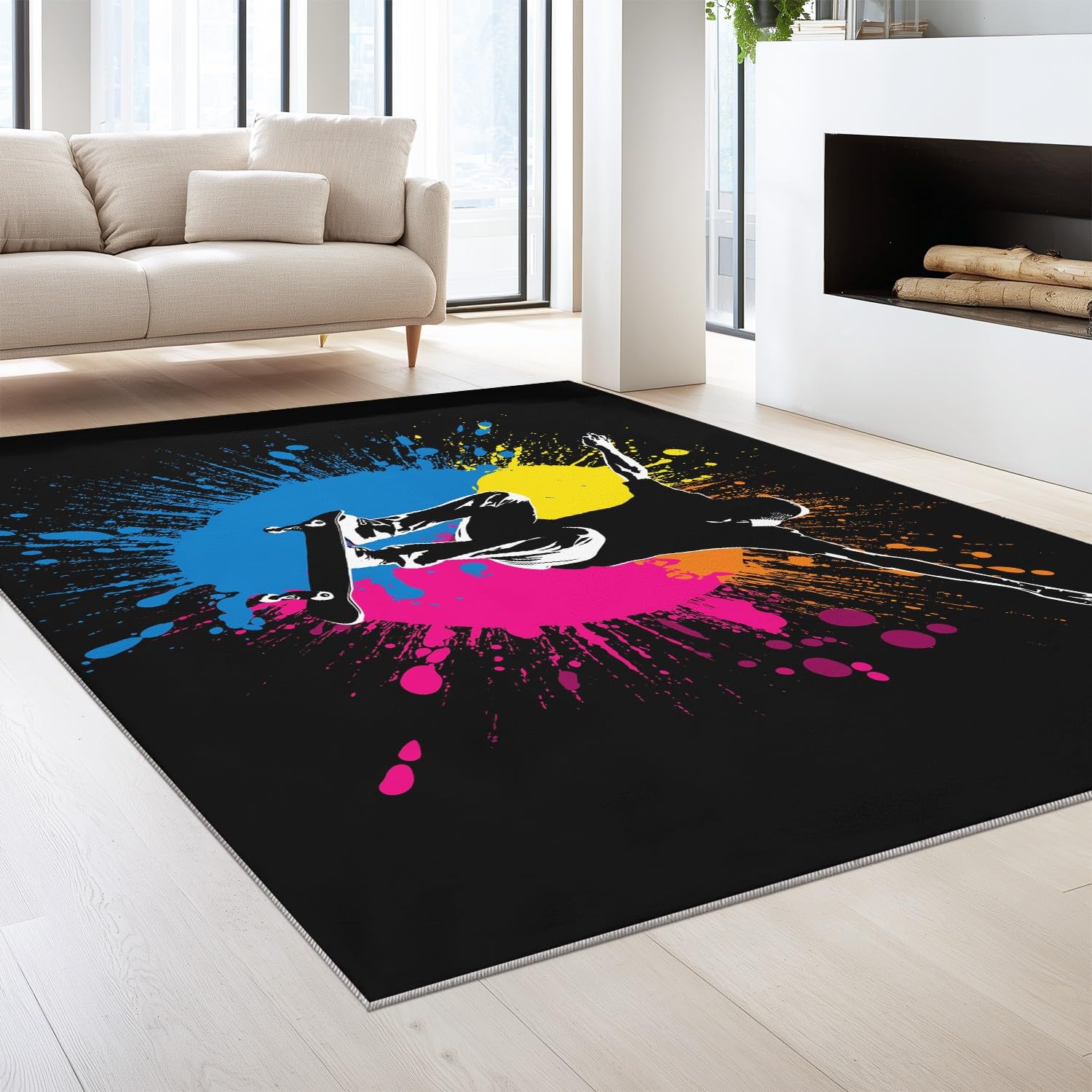 Wnętrze Dywan 40 x 60 cm do salonu, abstrakcyjny efekt rozpryskiwania atramentu dynamiczny miejski pop sylwetka deskorolka miękka antypoślizgowa miękka flanelowa mata podłogowa do sypialni, dekoracja