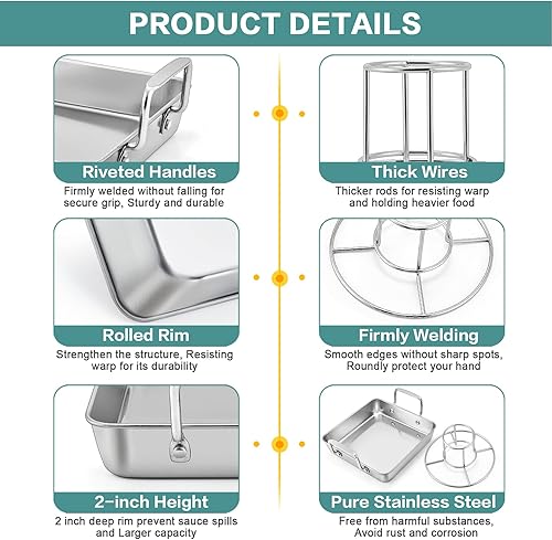 Miniatura 10 de P&P CHEF Juego de soporte para pollos de cerveza con bandeja para asar, molde cuadrado de acero inoxidable de 9 pulgadas y estante para pollo para