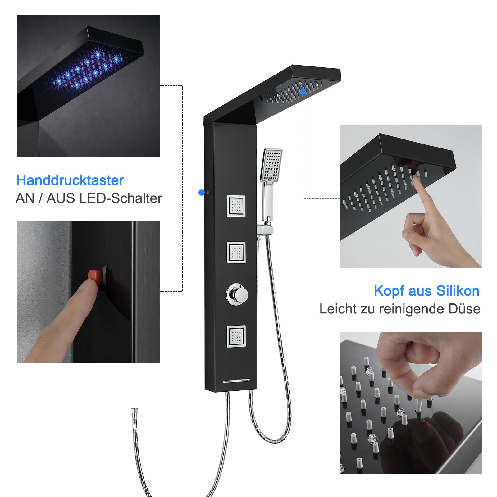 Panel de ducha LED sin grifo, 4 funciones, panel de ducha con ducha de lluvia LED, 3 chorros de masaje, ducha de mano y entrada de bañera, columna de ducha de acero inoxidable 304, color