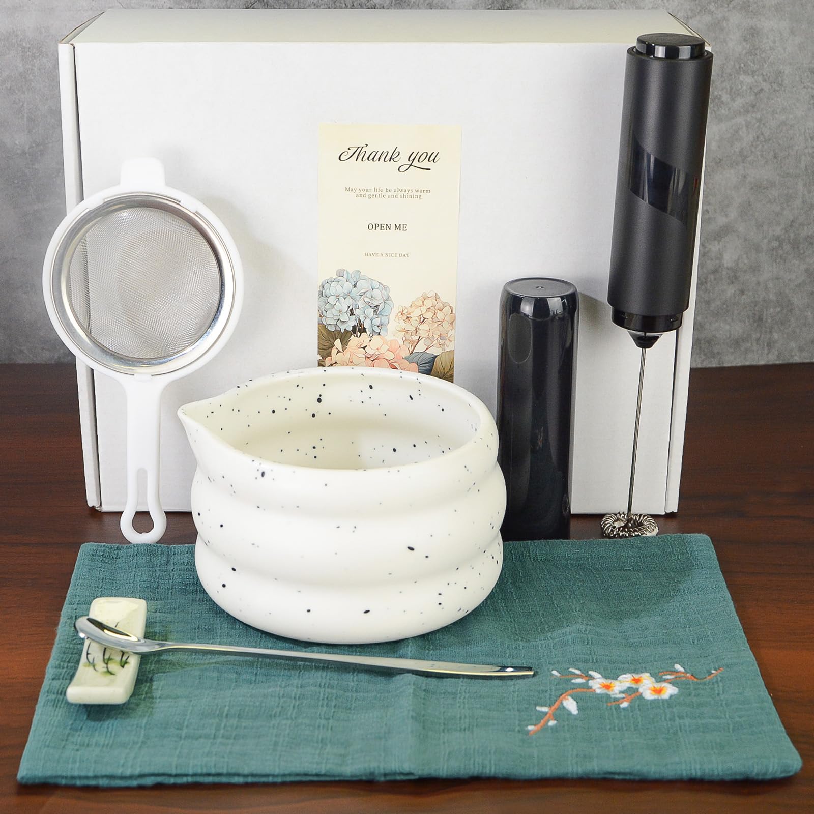 SWRONP Matcha Whisk Set 6Pcs,Matcha Kit Includes Bowl with spout,Versatile Electric Whisk,Stainless Steels Scoop,Ceramic Spoon Rest,Sifter and Tea Towel,Complete Japanese Matcha Making Tools