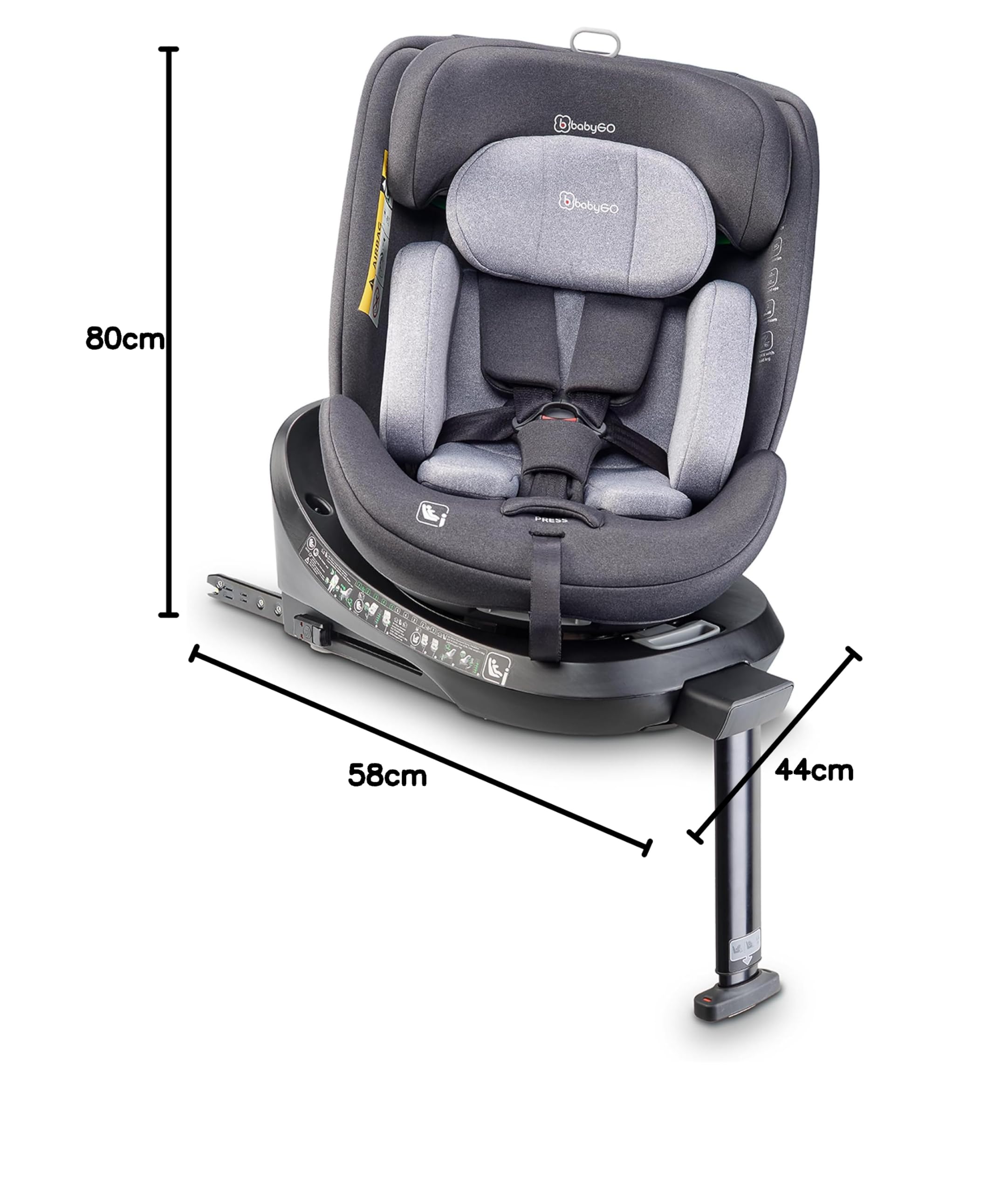 babyGO Move 360 Kindersitz nach neuer I-Size Norm - Kindersitz/Autositz für Kinder (40-150 cm) Grau