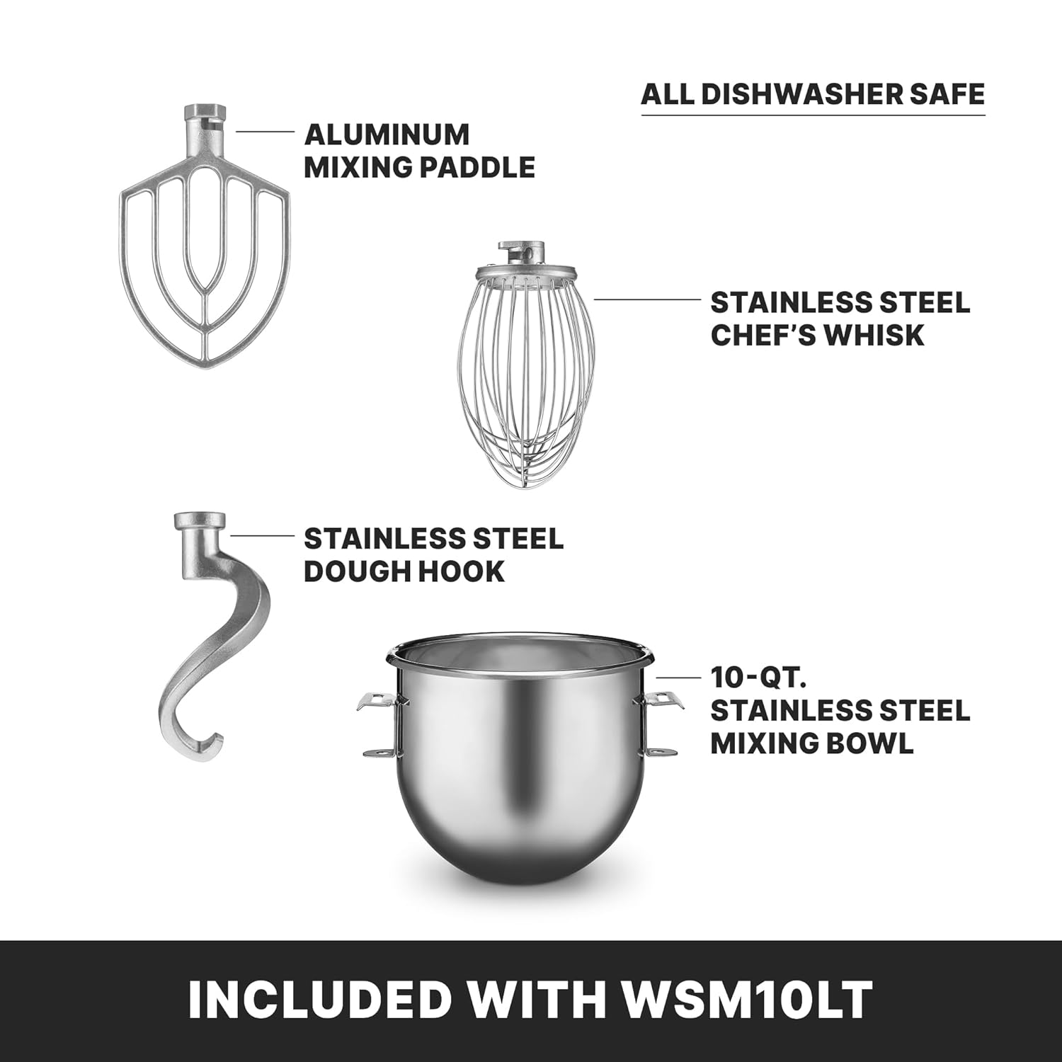 Waring Commercial Planetary Stand Mixer, 10 Qt. Stainless Steel Bowl, 3 Speeds, Digital Timer, 3/4 HP Motor, Includes Dough Hook, Chef s Whisk, Mixing Paddle, Ideal for Baking and Food Prep WSM10LT