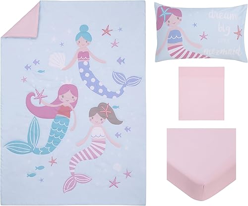 Miniatura 8 de Everything - Juego de ropa de cama infantil de 4 piezas con diseño de sirena, color rosa y azul, con edredón, sábana bajera ajustable, sábana