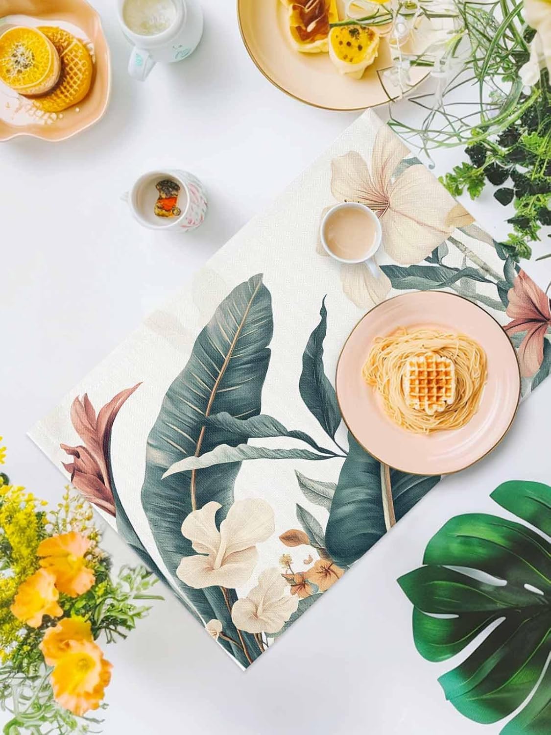 Tropical Leaves Floral Placemats for Dining Table Set of 8, Vintage Watercolor Flowers Linen Cloth for Square/Rectangle/Round Table Mat Placemat, Kitchen Dinner Holiday Décor