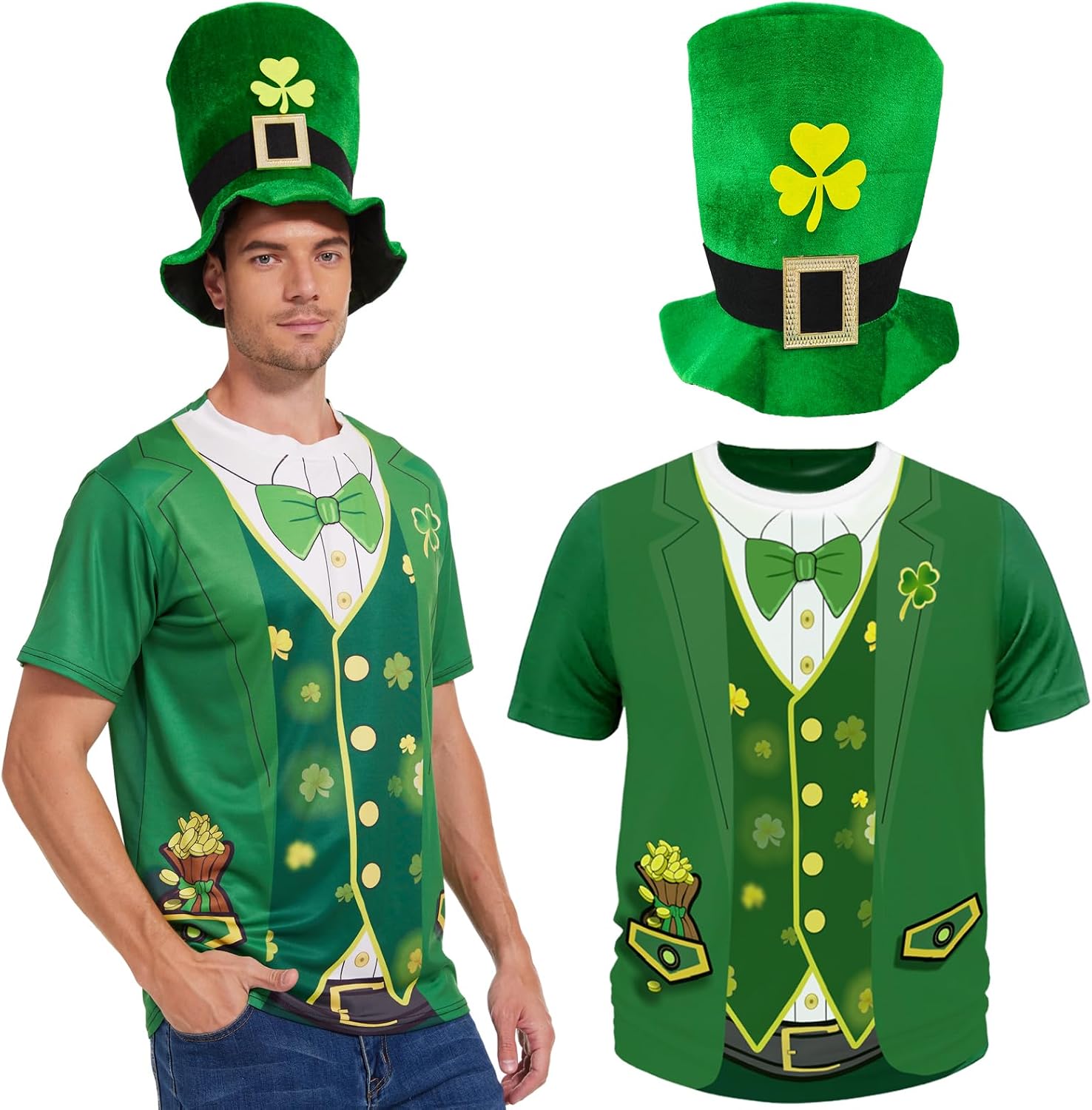 Men St. Patrick's Day Leprechaun Outfit, Green Tuxedo T-Shirt & Top Hat
