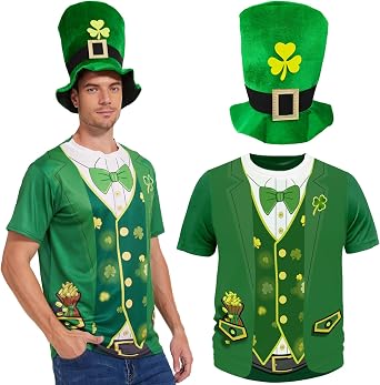 St. Patricks Day Costume for Men, Green Leprechaun Tuxedo T-Shirt & Shamrock Top Hat for Mens Irish Party Accessories