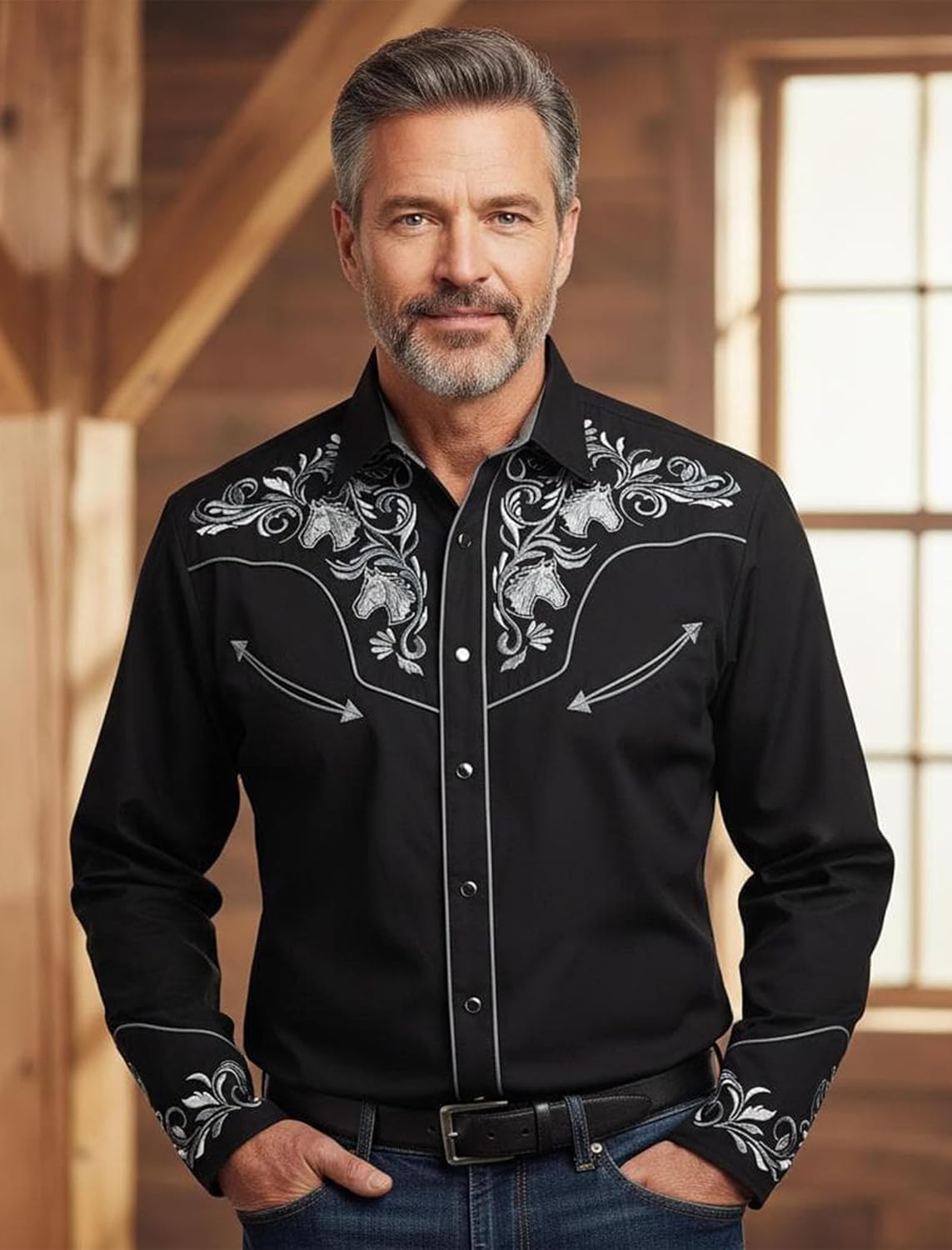 Men's Western Cowboy Shirt Embroidered Exquisite Long Sleeve Regular Fit Snap Button Down Shirts - Image 2