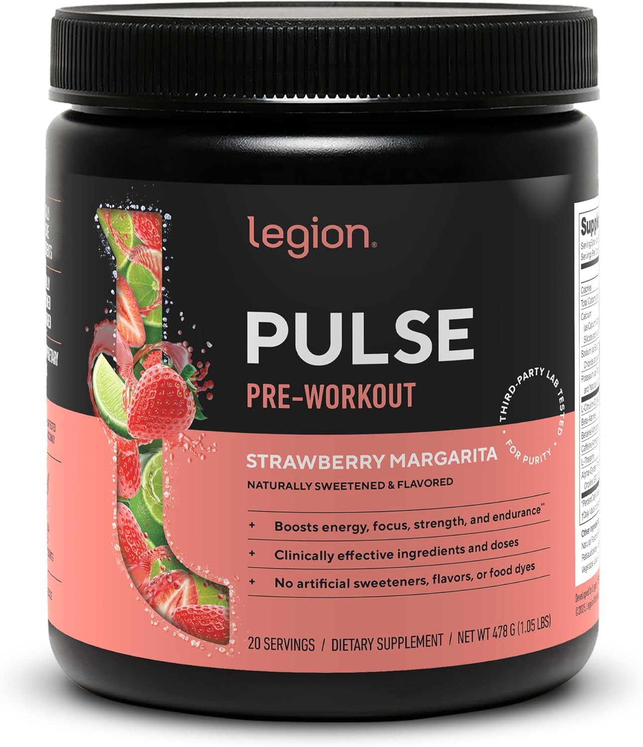 LEGION Pulse Pre Workout - All Natural Nitric Oxide Preworkout Drink to Boost Energy, Creatine Free, Naturally Sweetened, Beta Alanine, Citrulline, Alpha GPC (Strawberry Margarita)