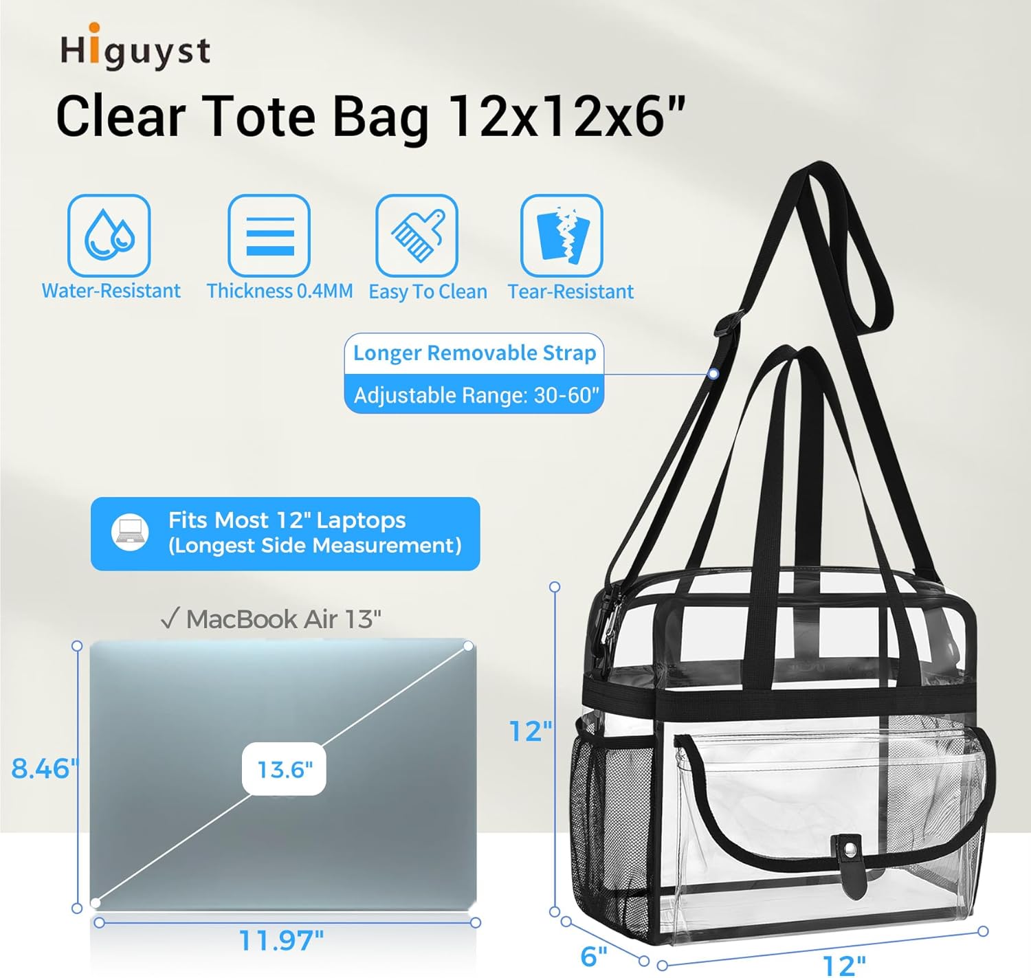 Clear Tote Bag 12x12x6 for Sports Events & Concerts,Transparent Stadium Bag with Adjustable Strap, Mesh Pockets - Image 4