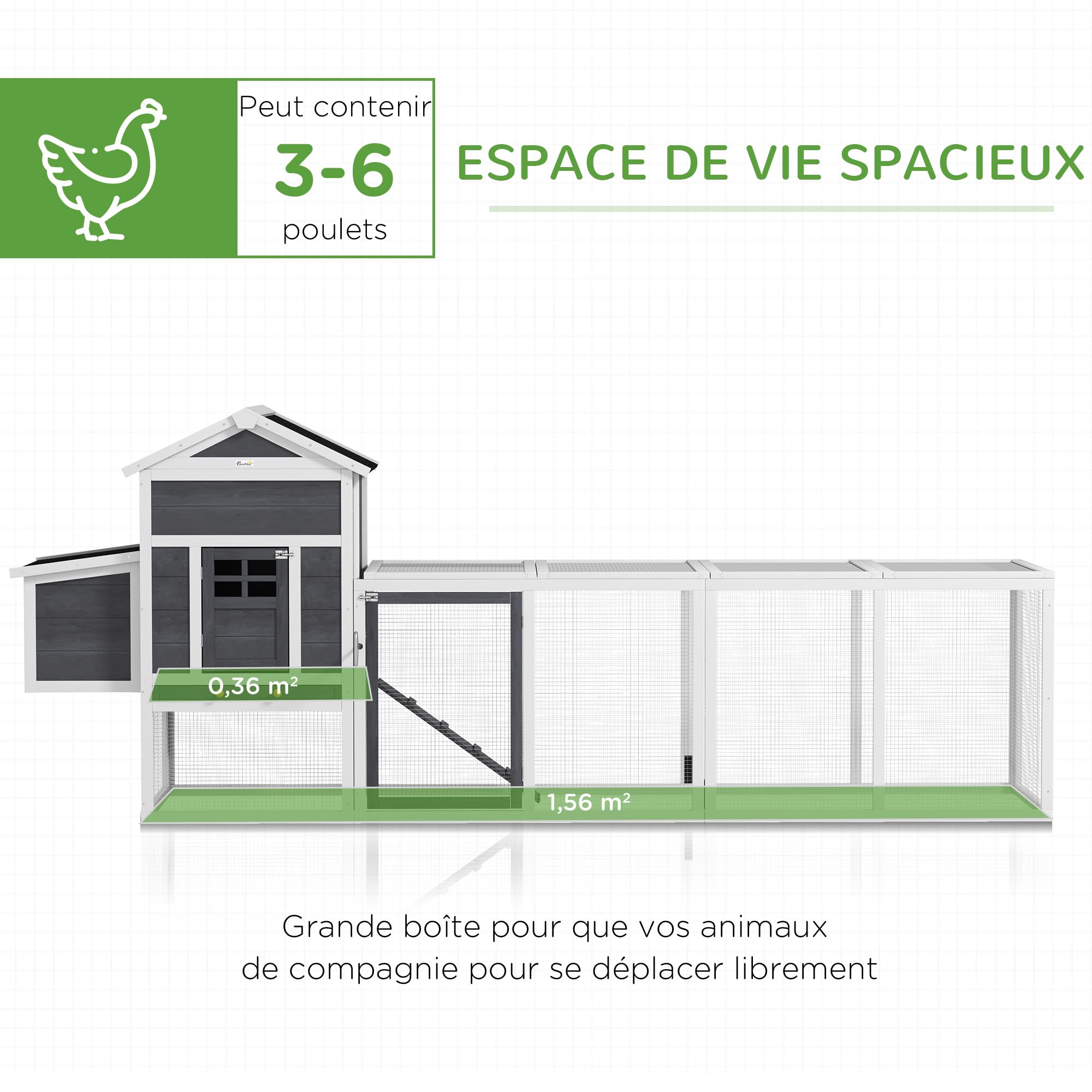 PawHut Poulailler en Bois avec Pondoir 3-6 Poulets Bois Massif Blanc | Poulailler pour Poules Extérieur, Niche Séparée, Plusieurs Portes, Bac Amovible