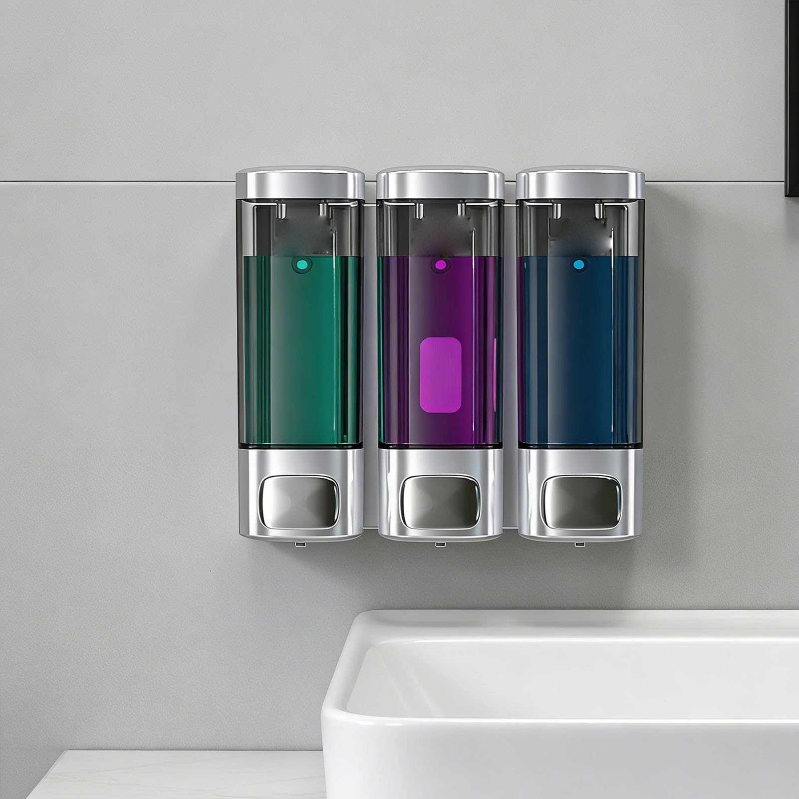 Headerbs Dispenser per Shampoo a Parete, Dispenser per Sapone Liquido a Tripla Camera in ABS 320 Ml X 3 Bottiglie Trasparenti Ricaricabili con Pulsante Manuale con Serratura per Bagno, Doccia