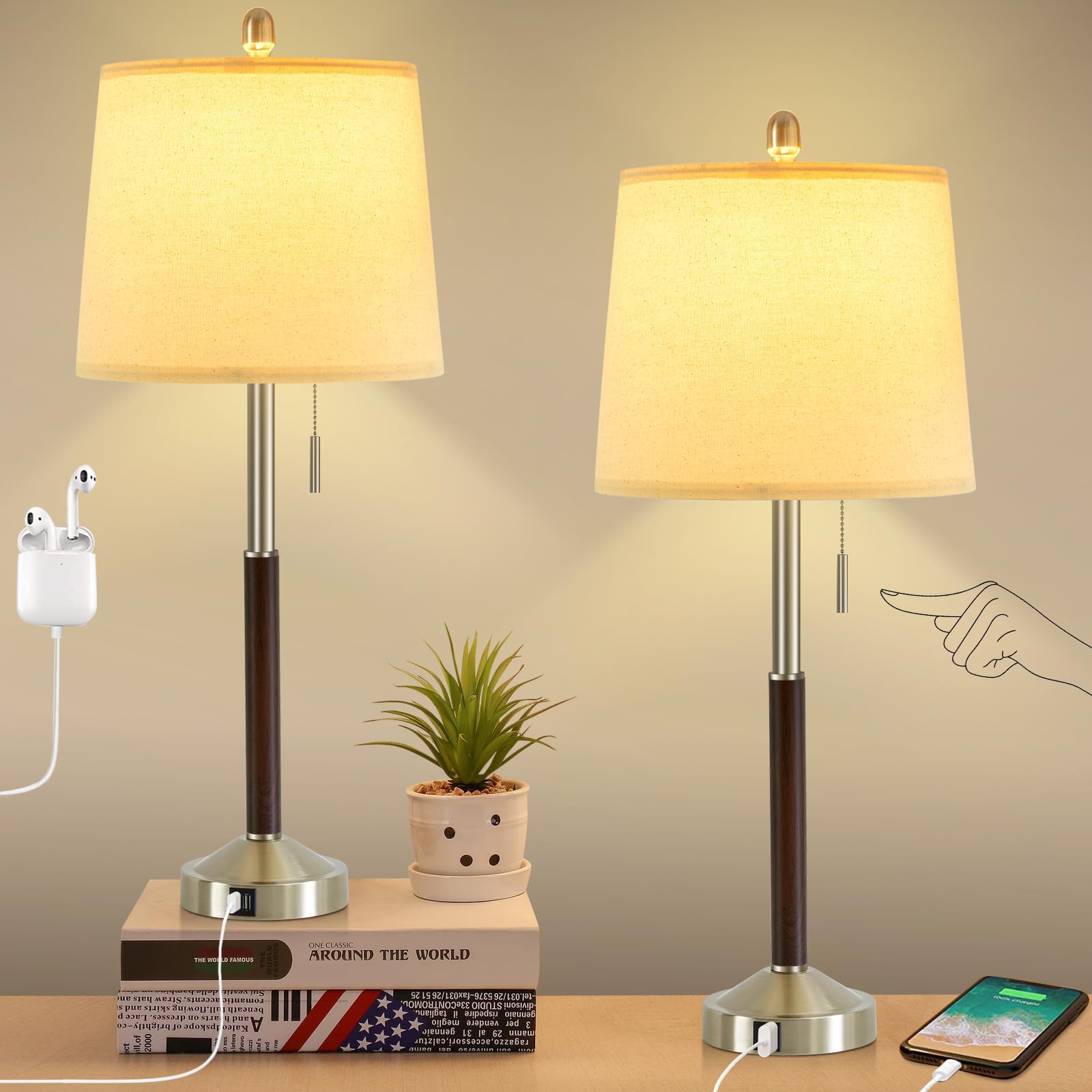 Table Lamps for Nightstand Set of 2, Modern Bedside Lamps with USB Ports and Outlets, Pull Chain