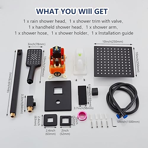 Miniatura 2 de Juego de grifo de ducha negro, sistema de ducha de baño, cabezal de ducha de lluvia de 10 pulgadas y montaje en pared de mano, juego completo de