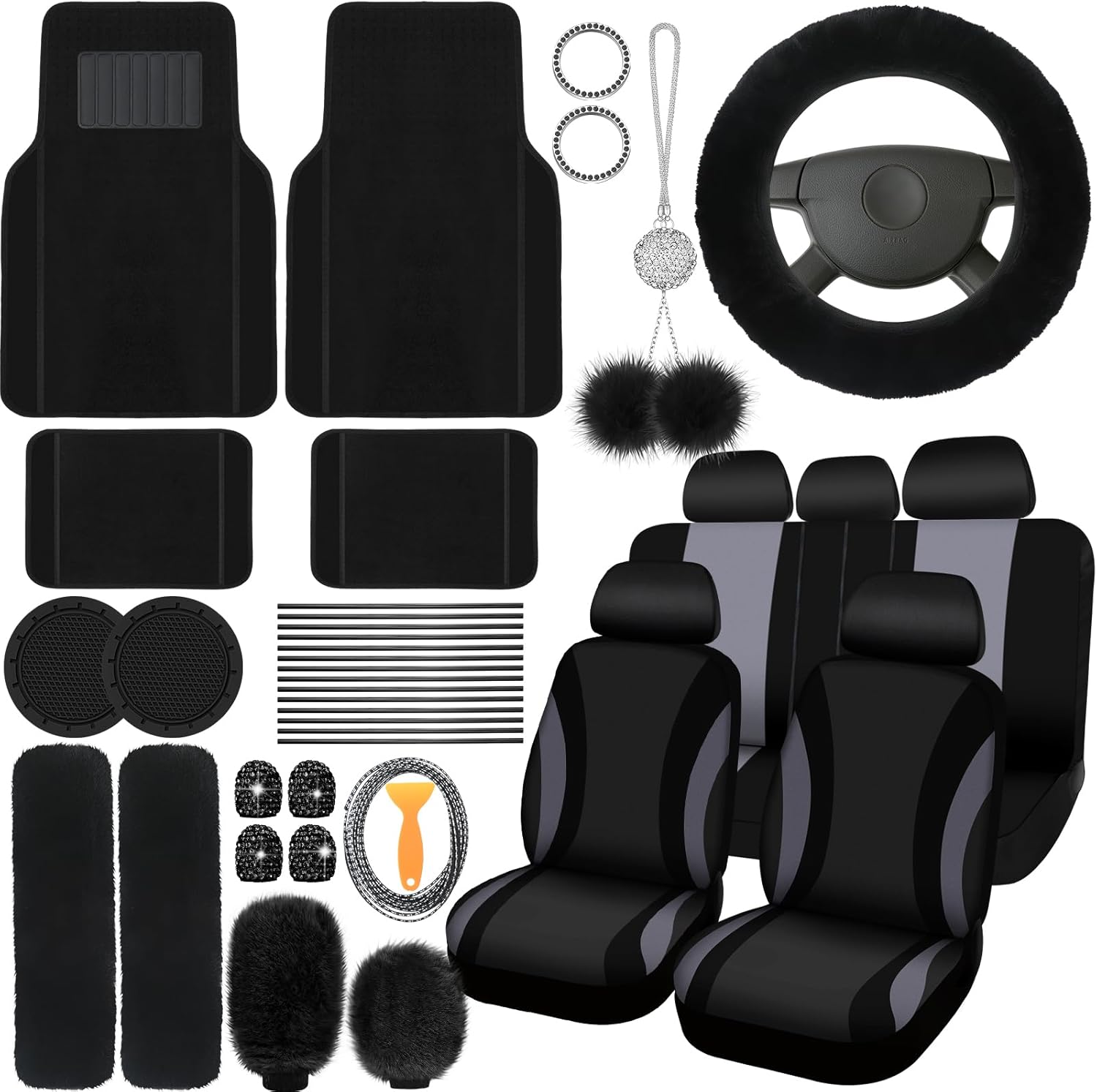 ROCEEI 47 Pcs Car Seat Cover Full Set Car Accessories for Front Rear Seat Fluffy Steering Wheel Cover Belt Automotive Floor Mats Air Conditioner Decoration Strip(Black)