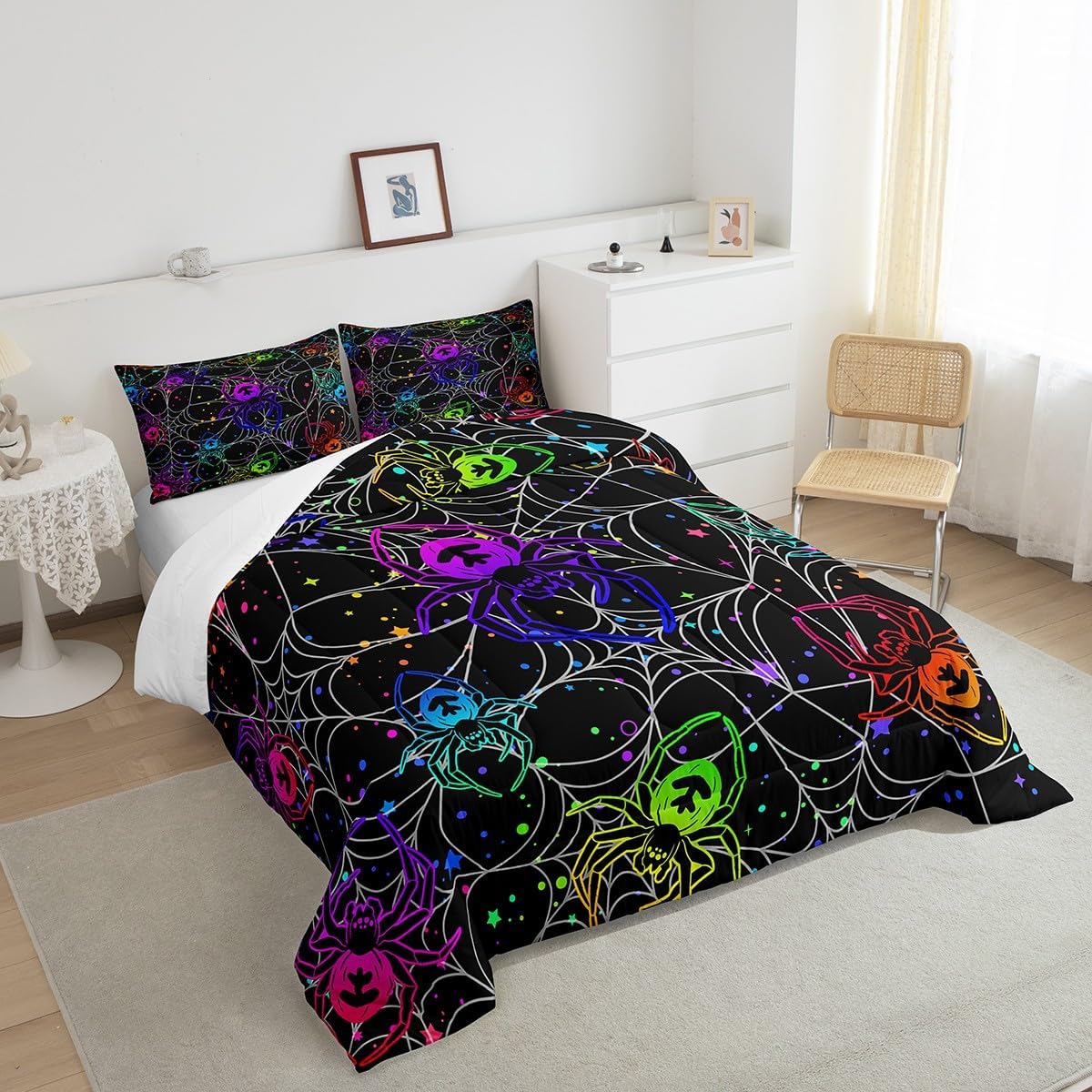 Feelyou Spider Decorations Comforter Set Queen Size Halloween Bedding Set Toddlers Teens Adults Colorful Spider Web Quilt Set Spiderwebs Glitter Soft and Lightweight Duvet Set