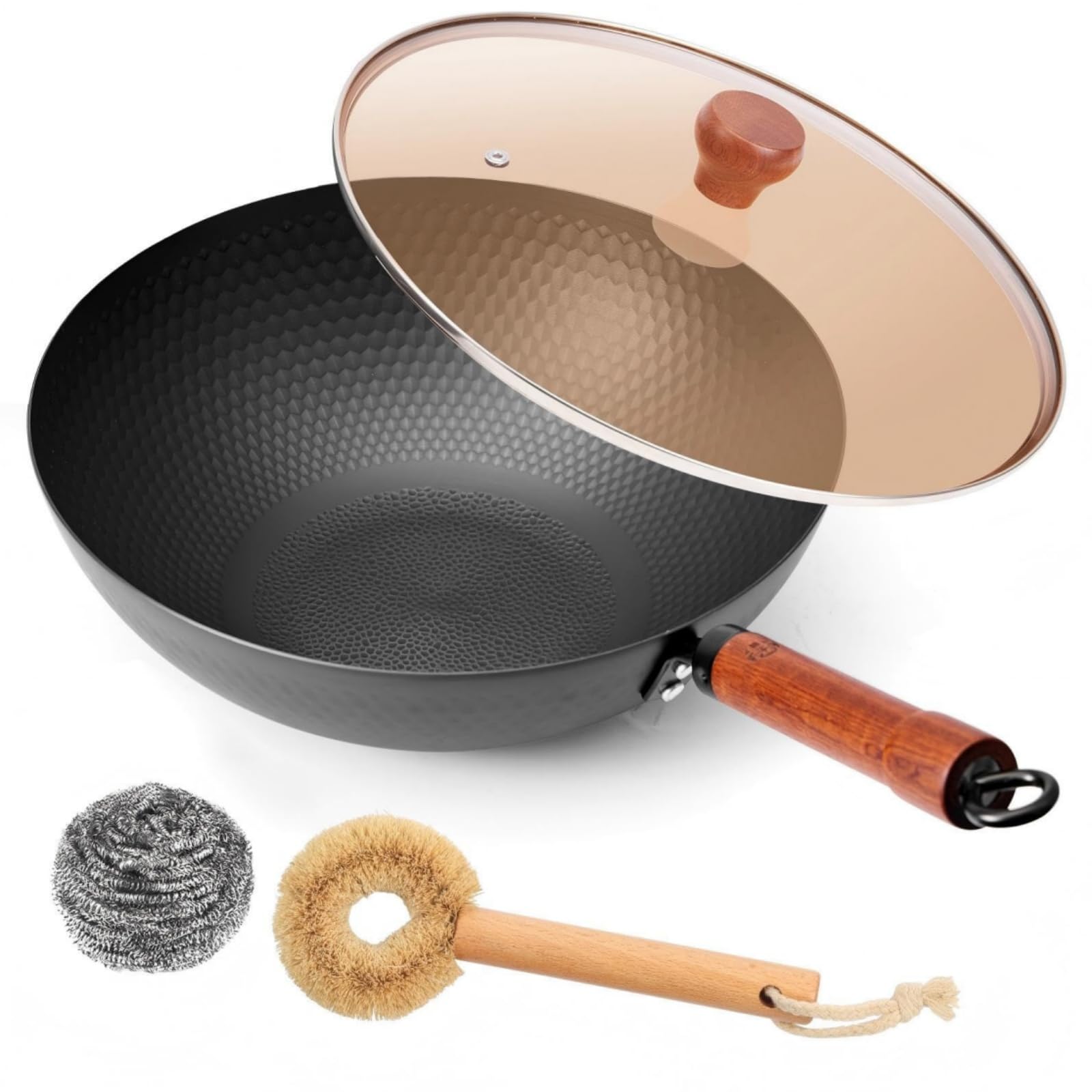 WANGYUANJI Carbon Steel Wok Pan with Lid, 12.6 Inch Flat Bottom Wok for Induction, Gas &amp; Electric Stoves, Chinese Stir Fry Pan with Detachable Wooden Handle