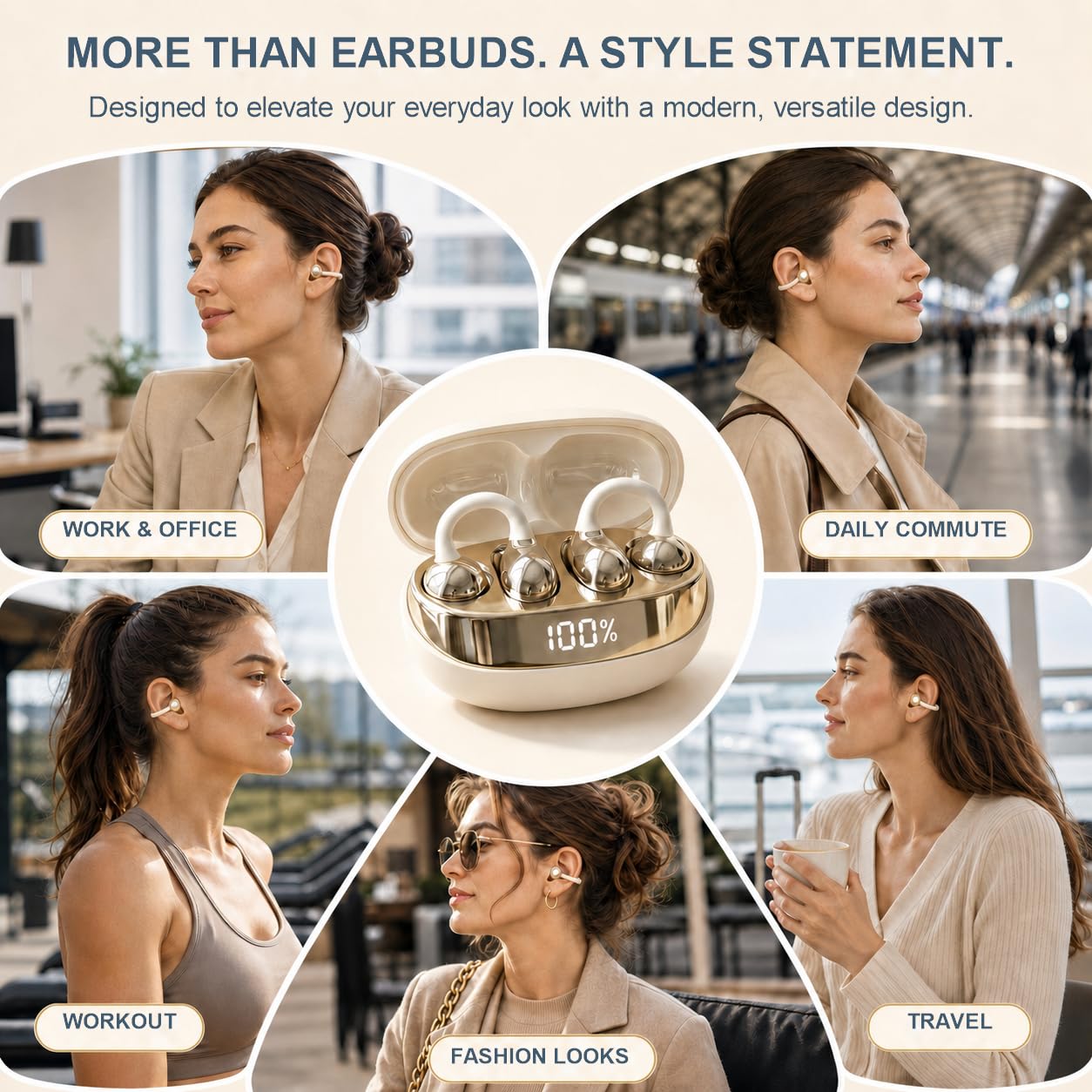 Auriculares abiertos con clip, Bluetooth 6.0, micrófono, funda LED