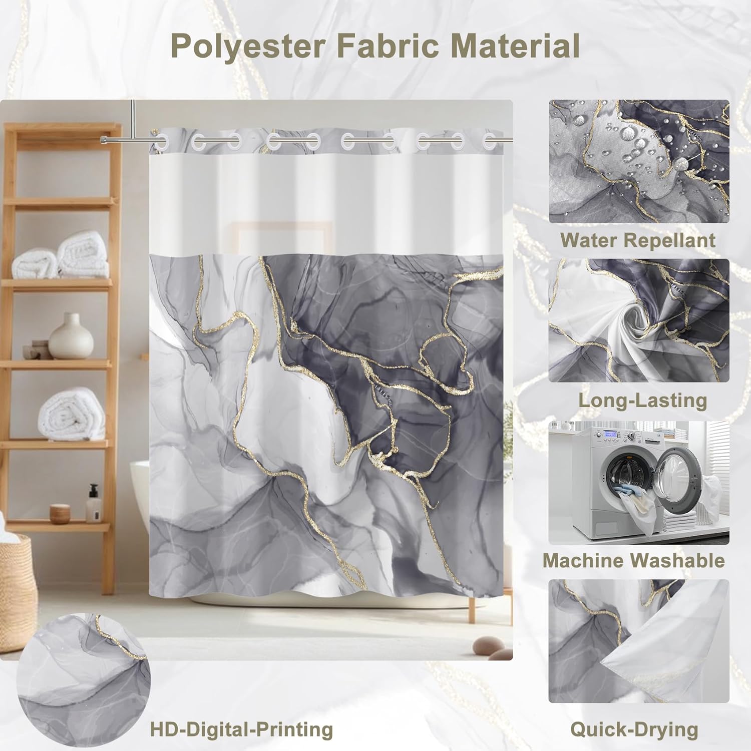 No Hook Shower Curtain,Gray Marble Double-Layered Shower Curtain with Snap-in Liner and Weights,Modern Abstract Luxury Fabric Bath Curtain with See Through Mesh, 71x74in