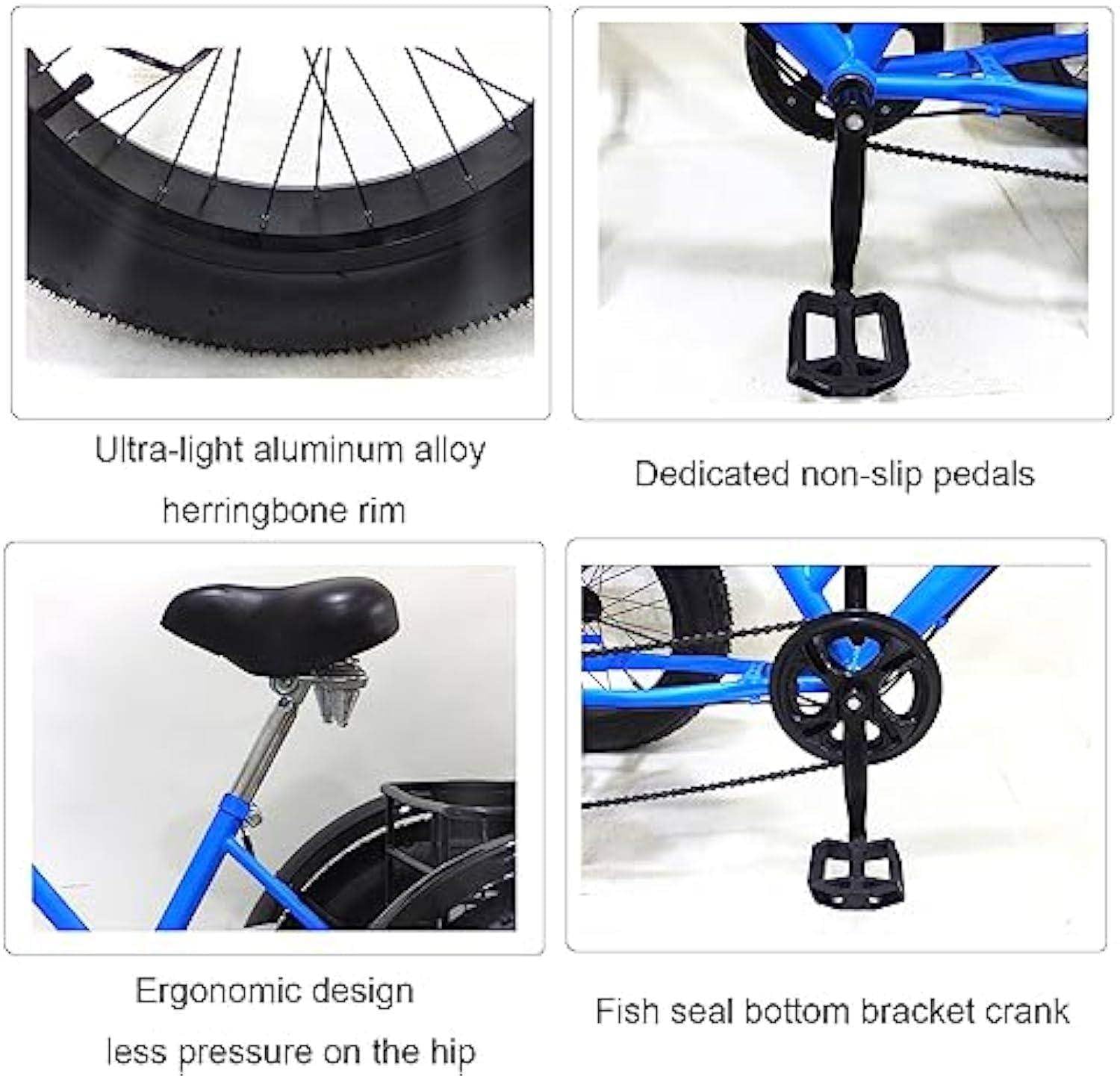 Triciclos De Ruedas Anchas para Adultos con Cesta, Bicicletas De Crucero De 24" Y 3 Ruedas,7 Velocidades,Cuadro De Acero Al Carbono,para IR Compras O Hacer Picnics Al Aire Libre. Blue