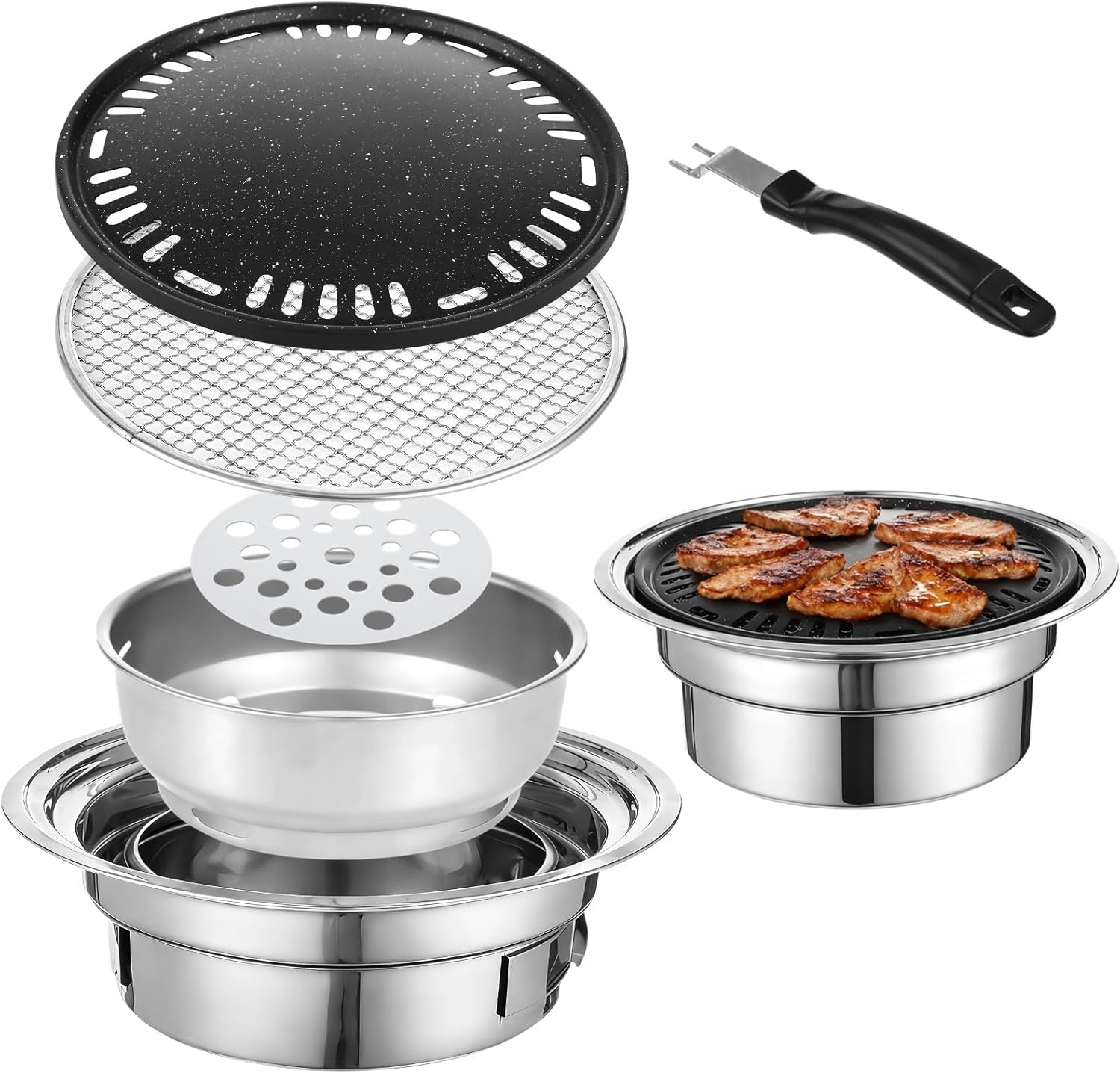 Korean BBQ Charcoal Grill Set, Stainless Steel Tabletop Grill with Maifan-Stone Pan, Mesh Rack, Charcoal Bowl, 13.4 in Portable Grill for Outdoor Cooking, Indoor Korean BBQ, Camping, Patio Grilling
