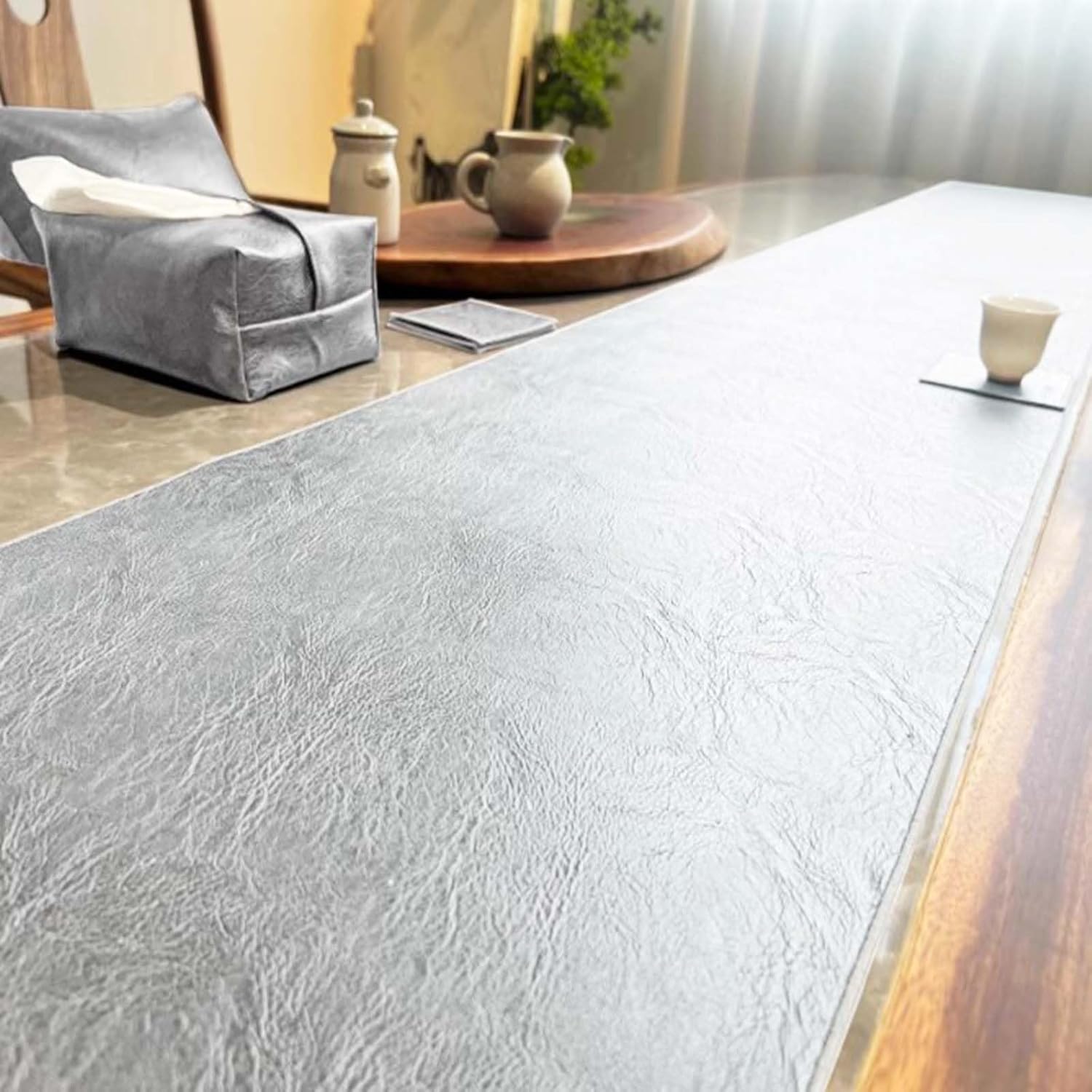 GTPBAO Grey Reversible Teacup Mats, PU Leather Table Runner for Western Restaurant Nightstand Dining Table, Waterproof Heat Resistant(33x420cm/13x165in)