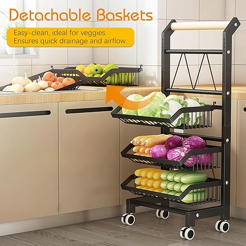 Miniatura 6 de Carrito de aperitivos de cocina de 4 niveles con ruedas - Carrito de almacenamiento versátil con ruedas para despensa, cuartos de servicio - Estante