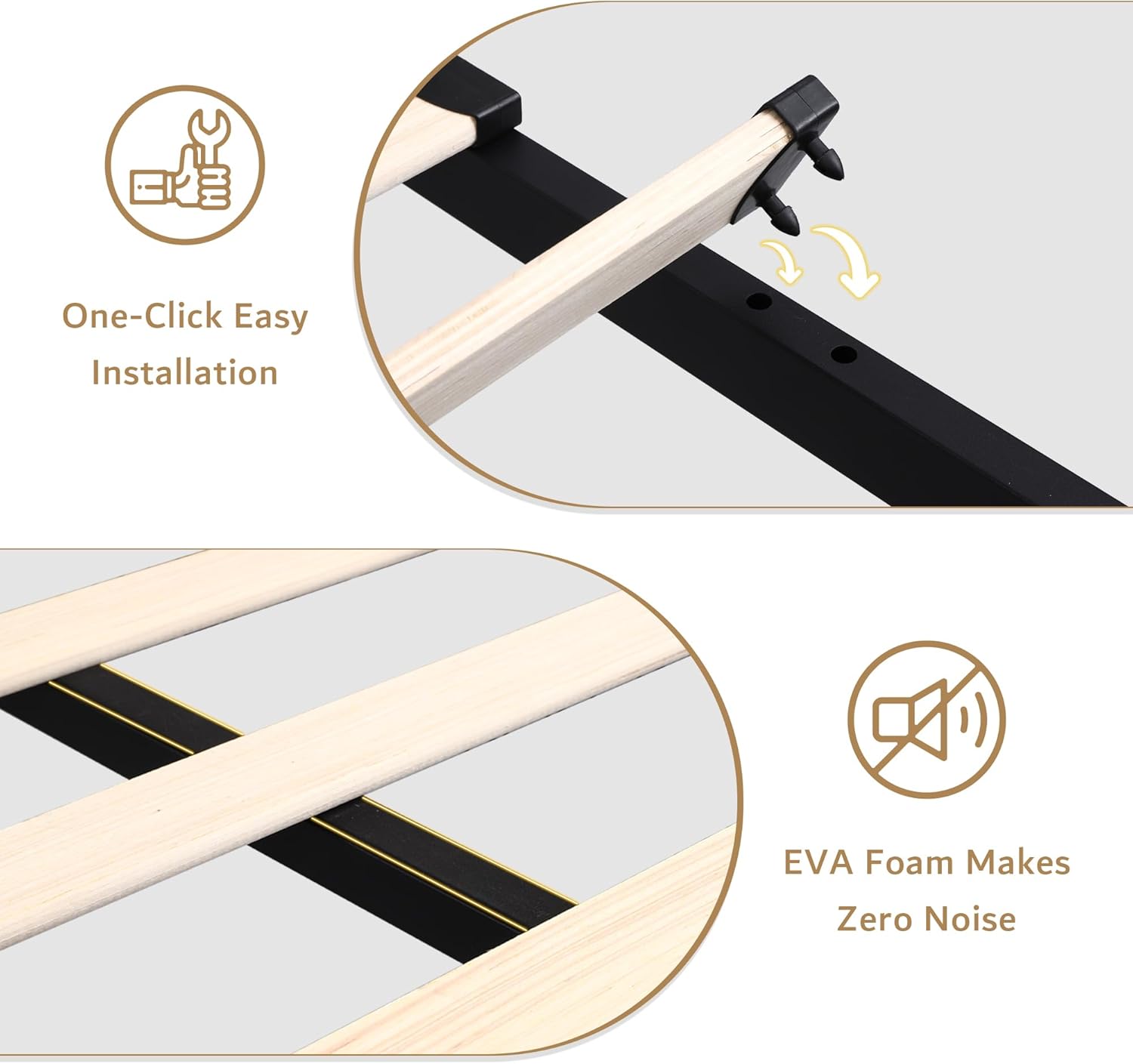 Close-up of the one-click slat installation system for the bed frame