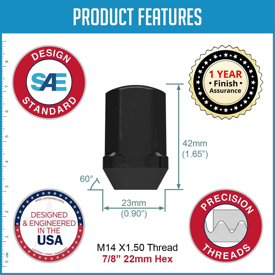 Wheel Accessories Parts 20 Pcs M14x1.5 14x1.5 Thread OEM Factory Style Lug Nuts 1.65" Long Black 7/8" 22mm Hex Fits Jeep Wrangler Gladiator ｜ RAM 1500 1500 Classic ｜ 6509422AA ｜ 611-330