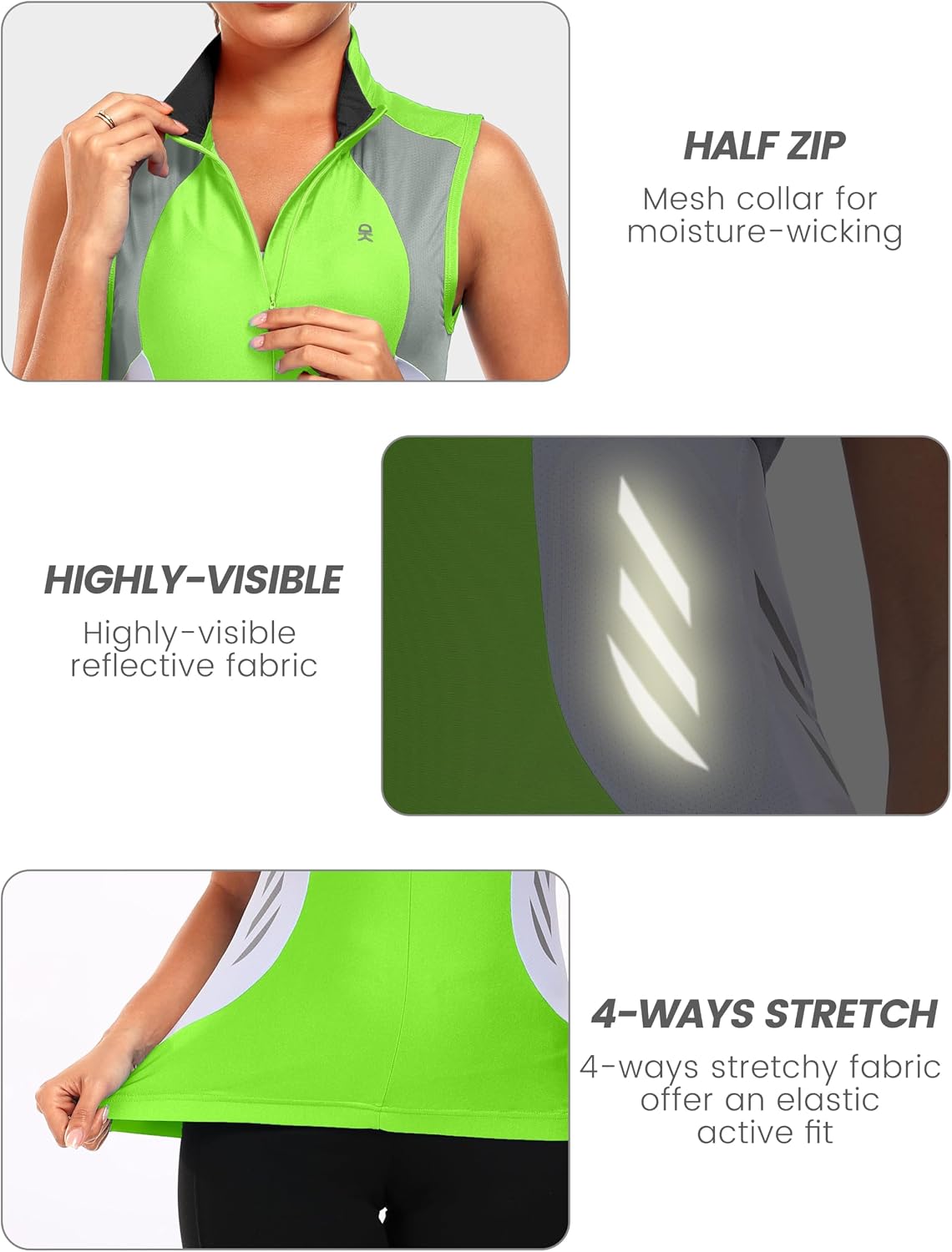 Little Donkey Andy Women's Half Zip Breathable Cycling Vests Reflective Sleeveless Jerseys Shirts Running 4 Rear Pockets