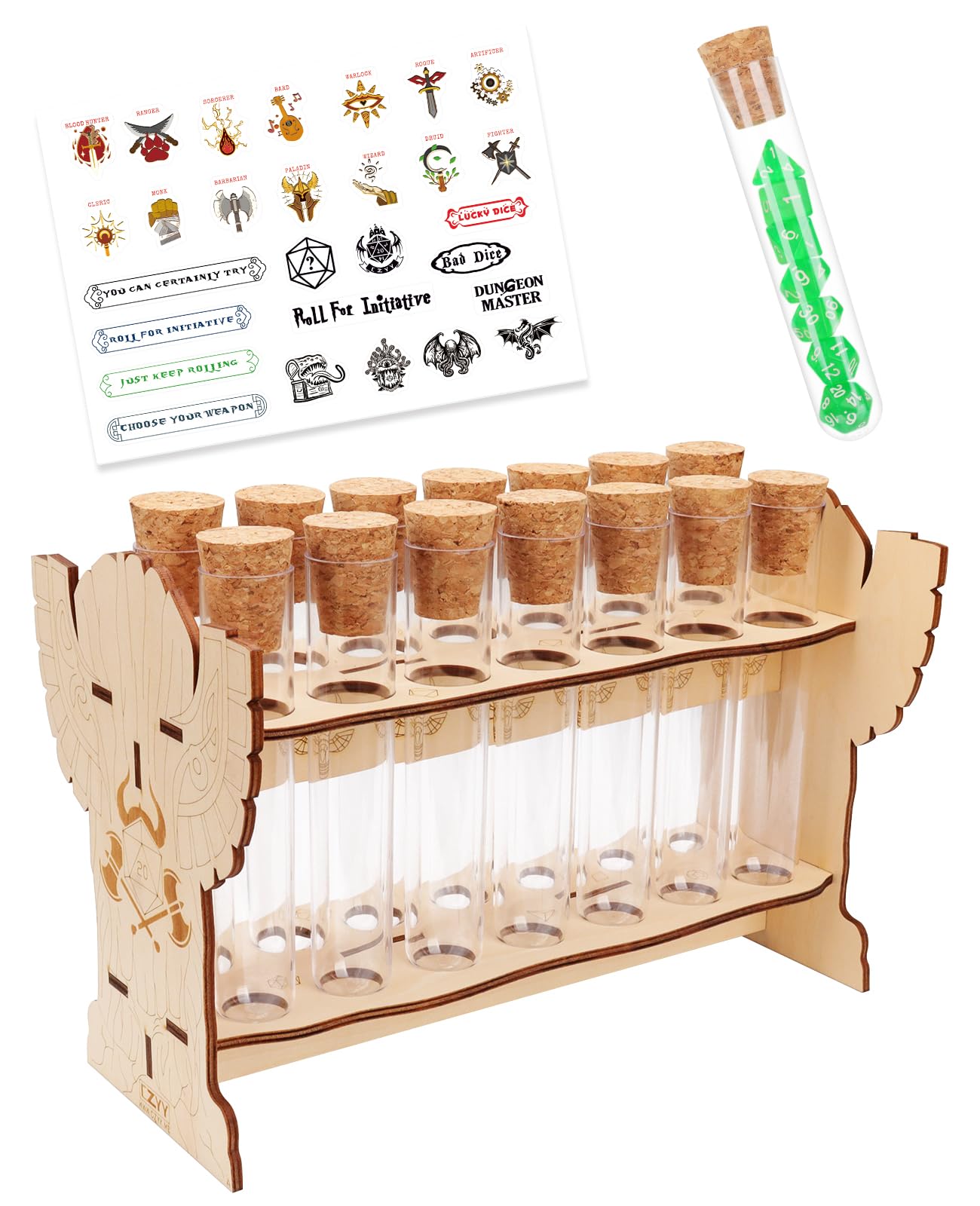 Dice Potion Flasks with Display Rack Gift Set – 14 Plastic Tubes with Cork Stoppers & Stickers for RPG Gamer, DM, Dice Goblin – Fantasy Storage for