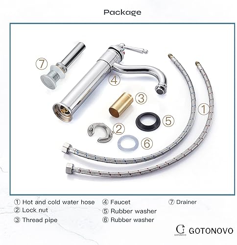 Miniatura 7 de gotonovo Grifos para lavabo de baño, cromo pulido, un solo mango, cuerpo alto, caño giratorio, acabado plateado, desagüe desplegable sin
