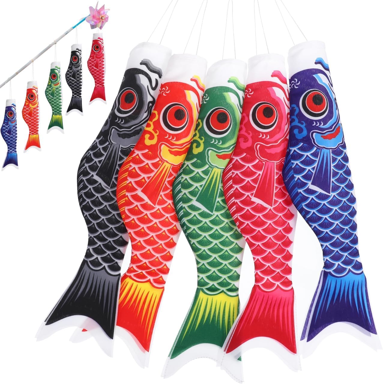 5Pcs Japanese Carp Windsock Set, 15.7 Inch Koinobori Windsock Set, Koinobori Fish Flag Streamer for Outdoor Garden Decor, Koi Fish Wind Sock for Boys Day Izakaya Sushi Bar Patio Yard Decoration