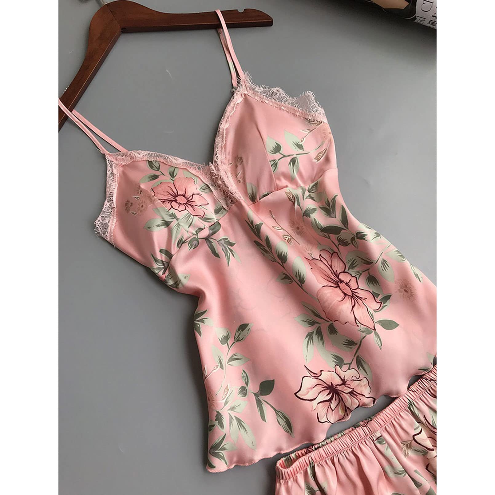 Set pigiama in raso per le donne Set pigiama in raso Set di due pezzi Abiti da notte senza maniche Top corto e pantaloncini Set, rosa, S