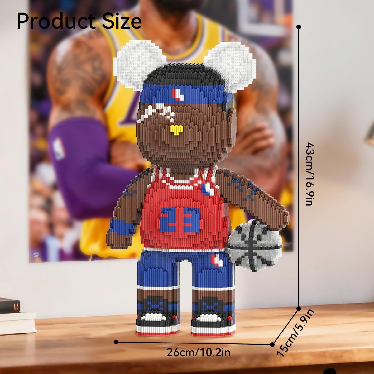 Diagram showing the dimensions of the assembled DAHONPA Basketball Bear Building Blocks Set.