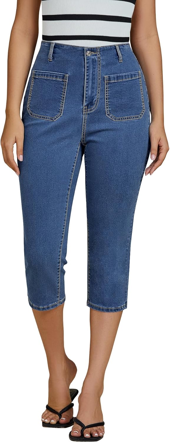 luvamia Capris Jeans for Women Trendy High Waisted Patch Pocket Casual Summer Cropped Stretchy Denim Skinny Capri Pants