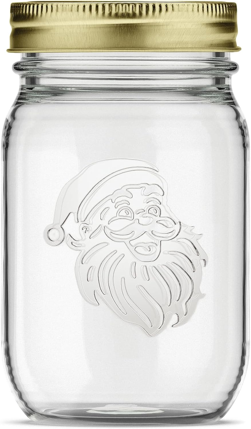 16oz Mason Jar, Regular Mouth Christmas design with Embossed Santa and Snowflake, Gold Lid and Band - Case of 4