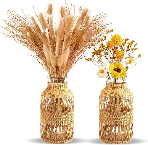 Miniatura 8 de ZENS Jarrón bohemio de ratán, cubierta de mimbre tejida a mano, florero de cristal para hierba de las pampas, florero artístico de otoño estilo