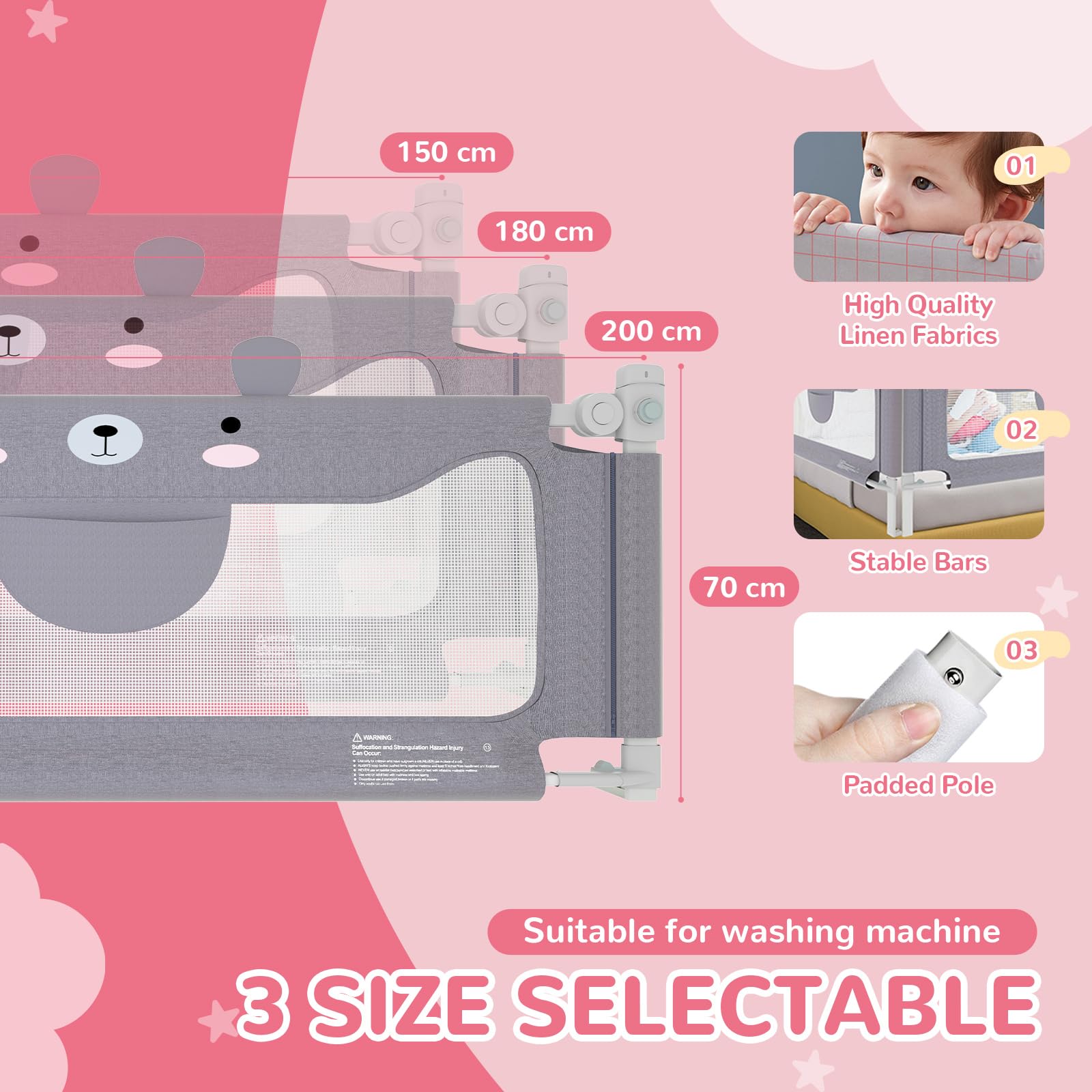 YRHome Kinderbettgitter 60cm - Höhenverstellbarer Rausfallschutz Für Baby & Kleinkind