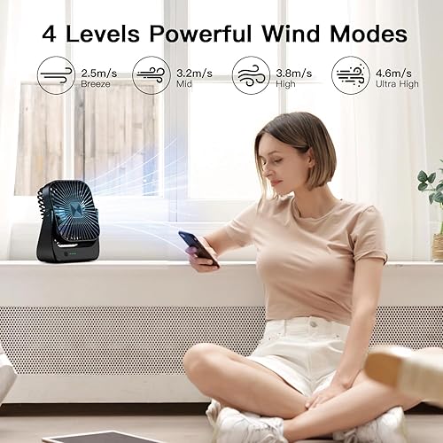 Miniatura 3 de OLV Ventilador de escritorio de 4 velocidades más fuerte, flujo de aire portátil, ventilador pequeño, recargable, ultra silencioso, mini ventilador