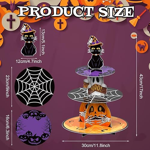 Miniatura 2 de Cinrobiye Soporte para cupcakes de 3 niveles de Halloween, colorido, cartón, ideal para mostrar postres, adecuado para decoración de fiesta de