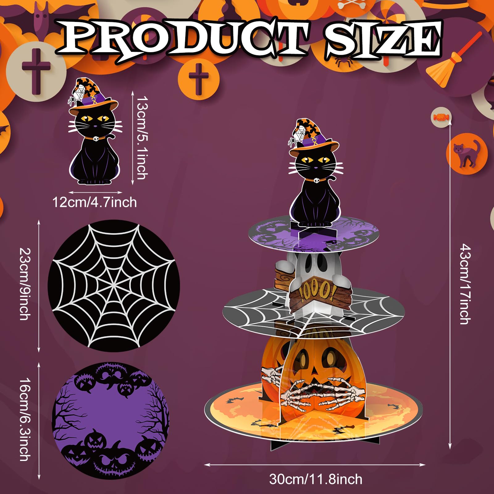 Cinrobiye Halloween 3 Tier Cupcake Stand, Colorful, Cardboard, Ideal for Displaying Desserts, Suitable for Halloween Party Decor