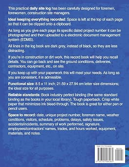 Construction Daily Site Log Book | Job Site Project Management Report: Record Workforce, Tasks, Schedules, Daily Activities, Etc.