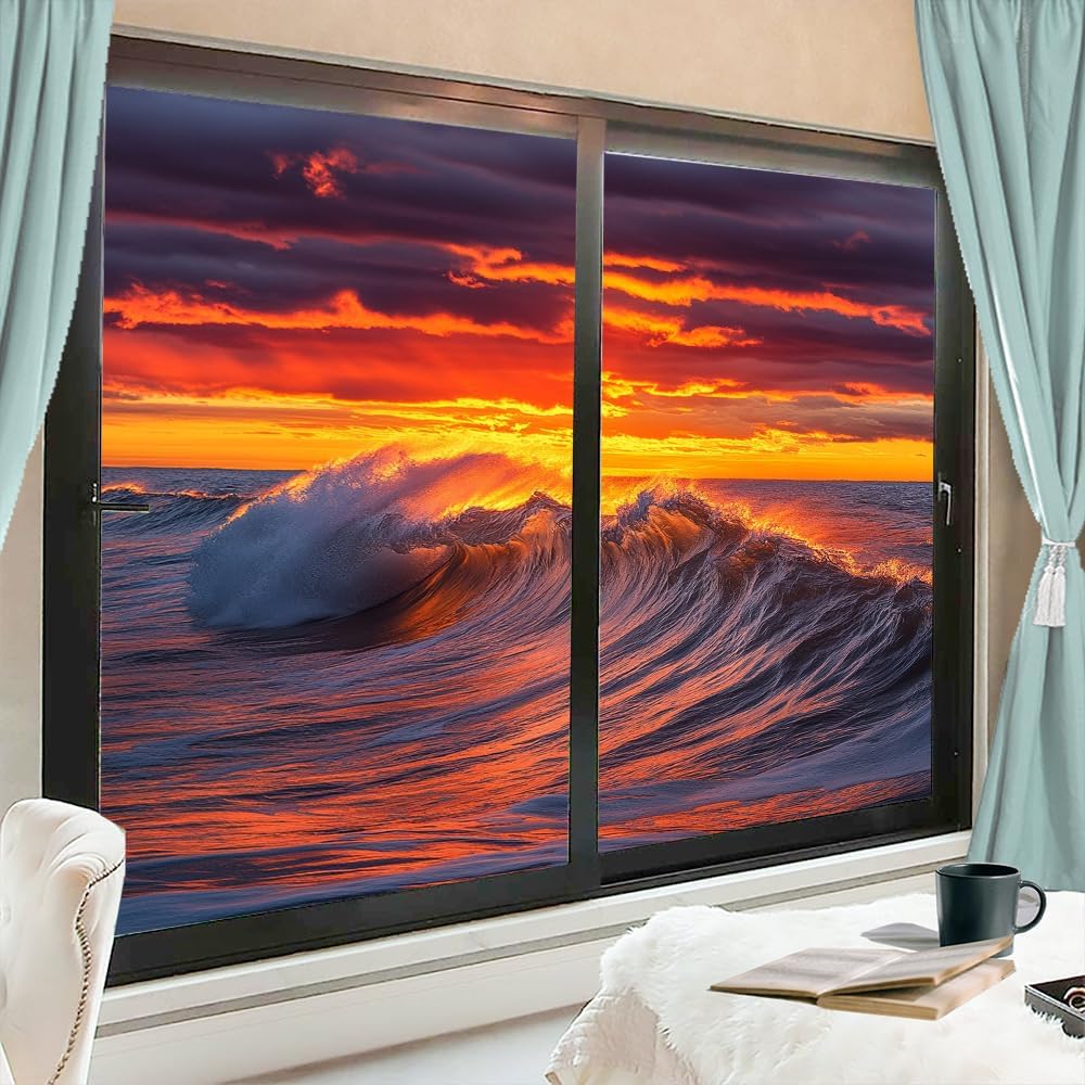 Fantasy Ocean Window Privacy Film Stained Glass Colorful Sunset Landscape Beautiful Waves Decal for Glass Decorative Stickers Adhesive Windows Sun Blocking Coverings 23.6Wx35.4L inch x 2pcs