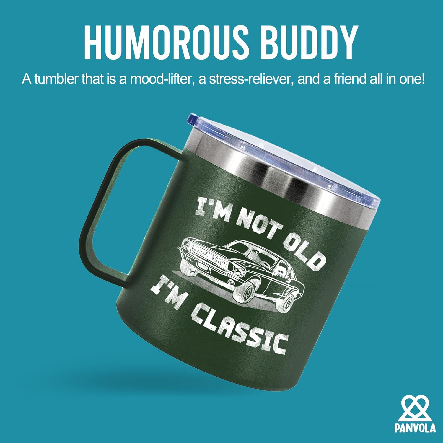 Panvola I'm Not Old I'm Classic 50th 60th 70th 80th 90th Birthday Gifts Grandpa Dad Retirement Gift Vintage Car Insulated Coffee Cup 14oz With Handle And Lid Camping Travel Mugs (Green, 14 oz) - Image 2