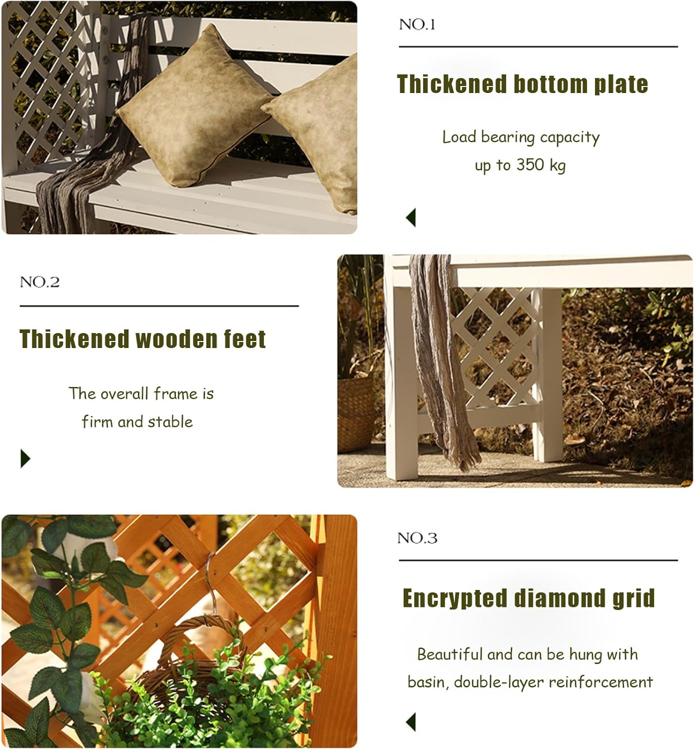 Wooden Garden Bench, Patio Outdoor Bench Park, Dome Design, Wide Seat Design with Reinforced Feet Chair, for Use in Outdoor Gardens (Color : White, Size : 55.9x85.8x18.1in)