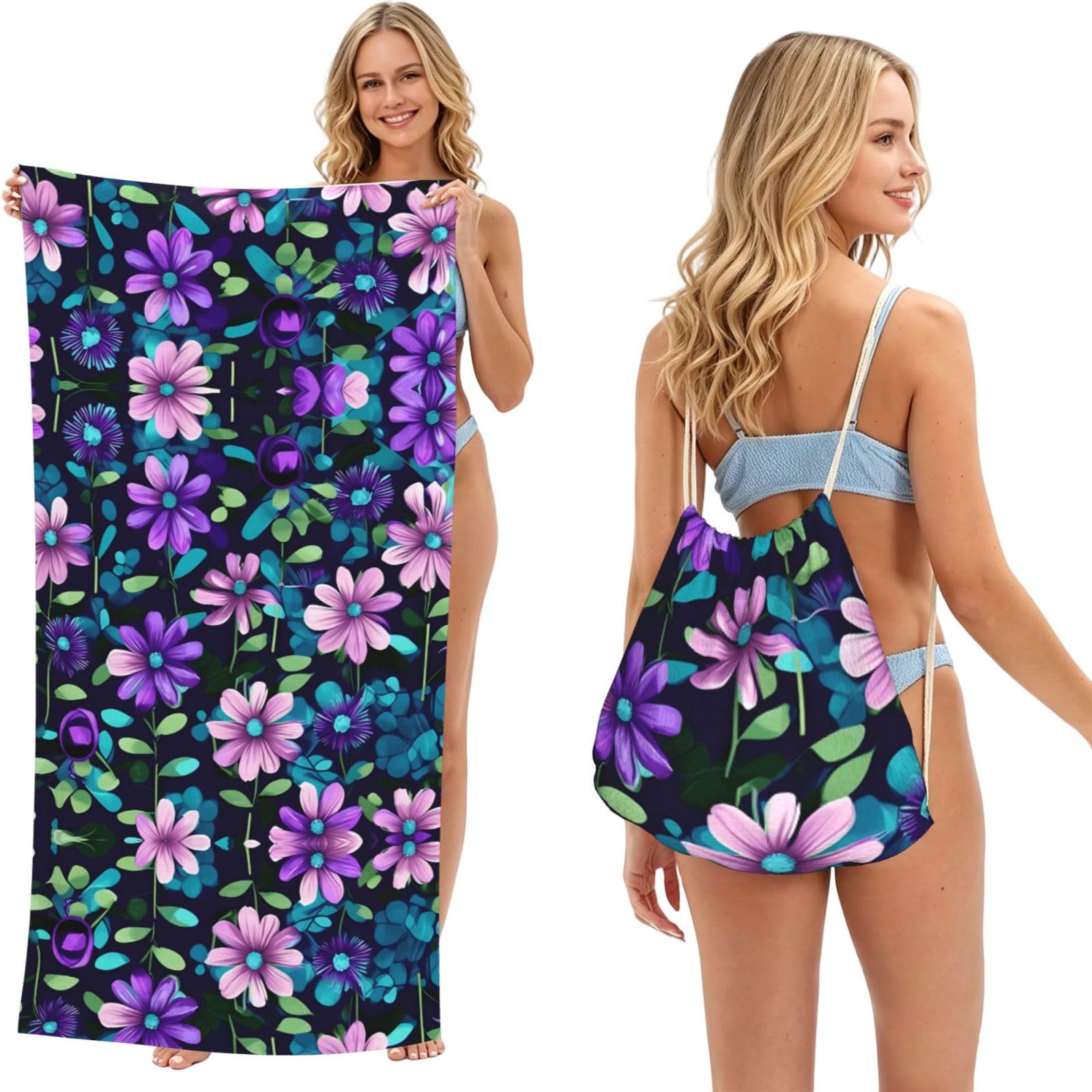 SXZVVBN Purple Camellia 2-in-1 Beach Towel Bag, Quick Dry Sand Free Travel Towel Backpack for Adults